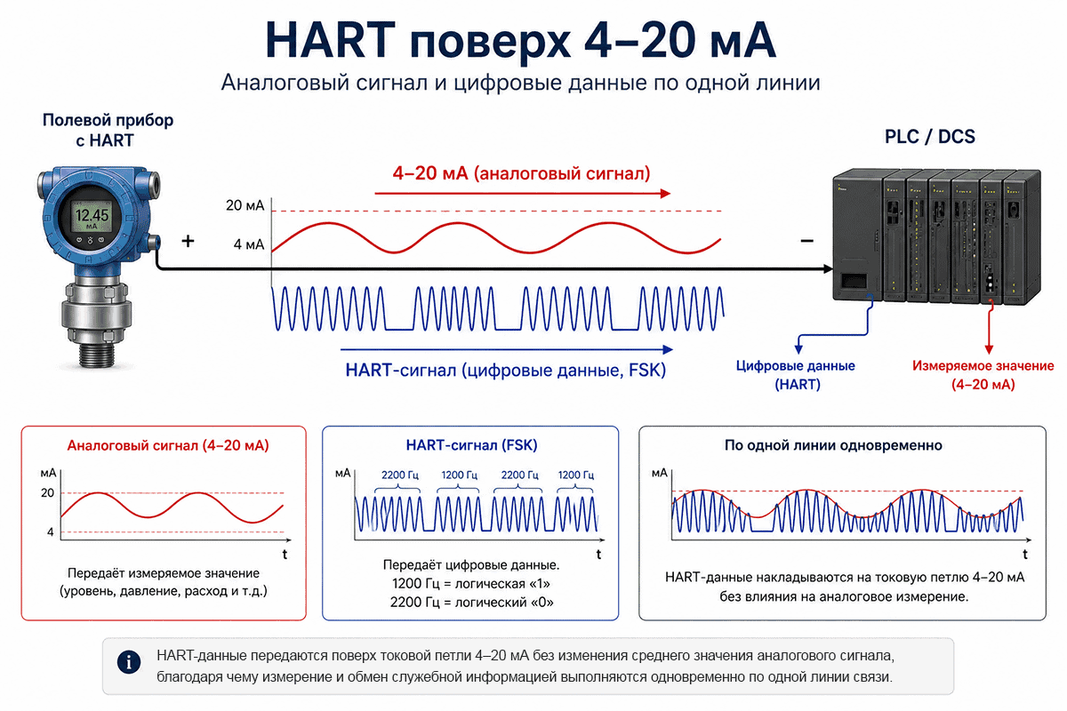 Передача HART поверх сигнала 4–20 мА Принцип работы HART