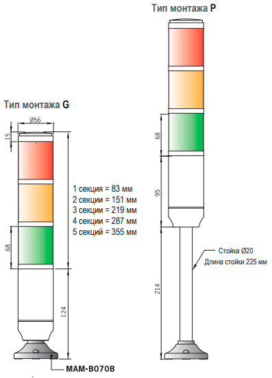 Габаритные размеры сигнальных колонн MT5B
