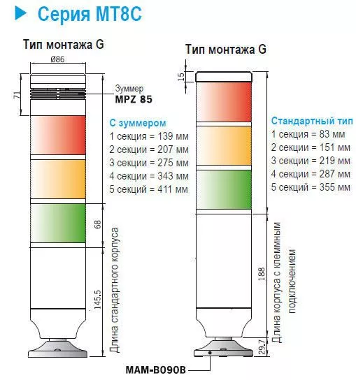 Габаритные размеры сигнальных колонн MT8C