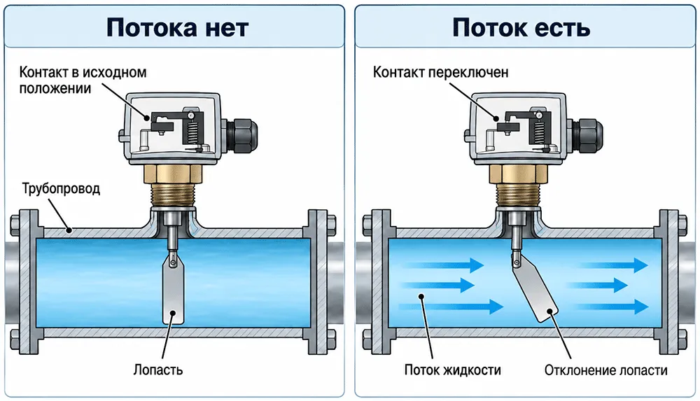 Принцип работы лопастного реле потока Лопастное реле потока в котельной