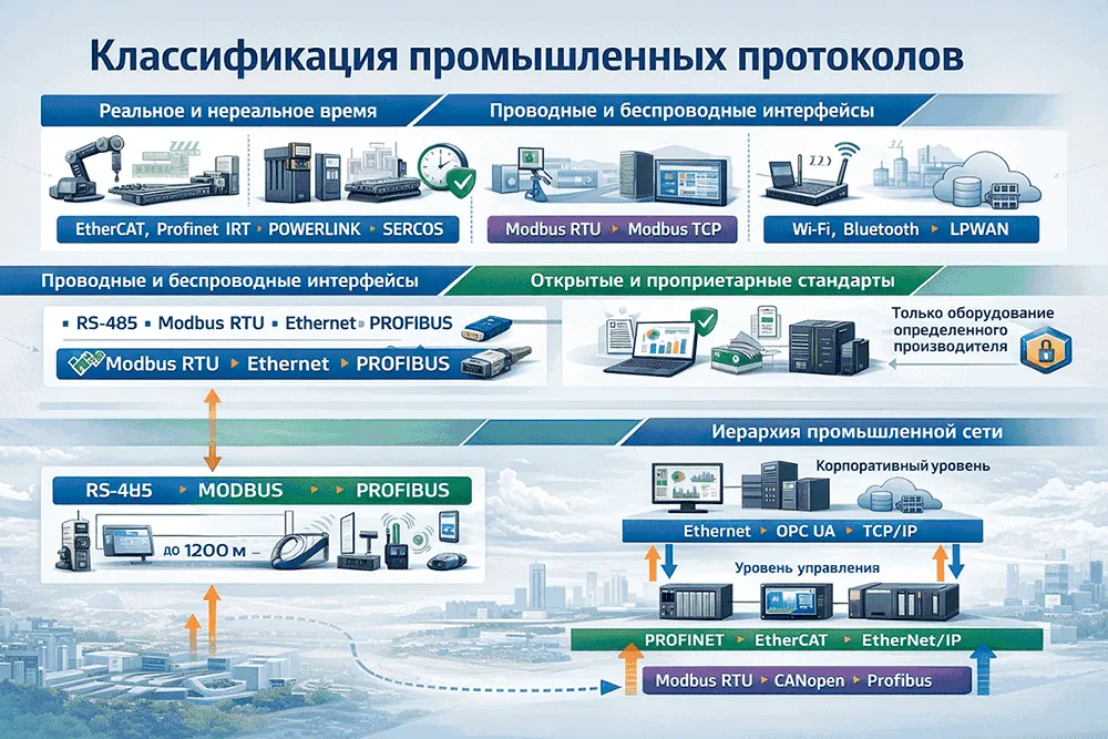 Сравнение коммуникационных протоколов и интерфейсов в промышленной автоматизации: Modbus, Profinet, EtherCAT и другие