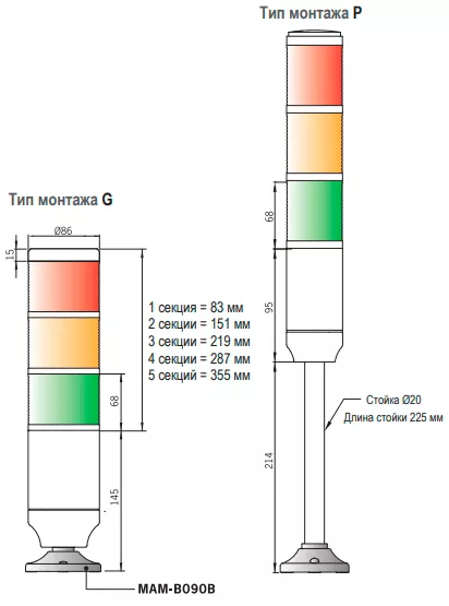 Габаритные размеры сигнальных колонн MT8B