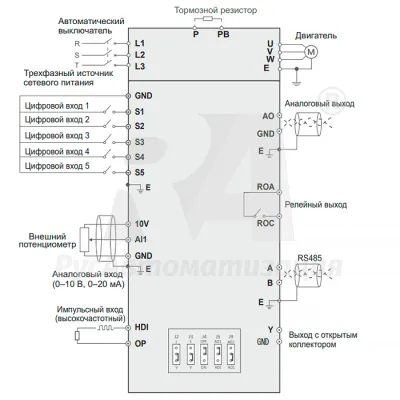 Схема подключения ПЧ SDI-G0.75-2B при трехфазном питании фото