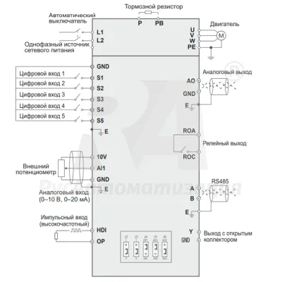 Схема подключения ПЧ SDI-G0.4-2B при однофазном питании фото